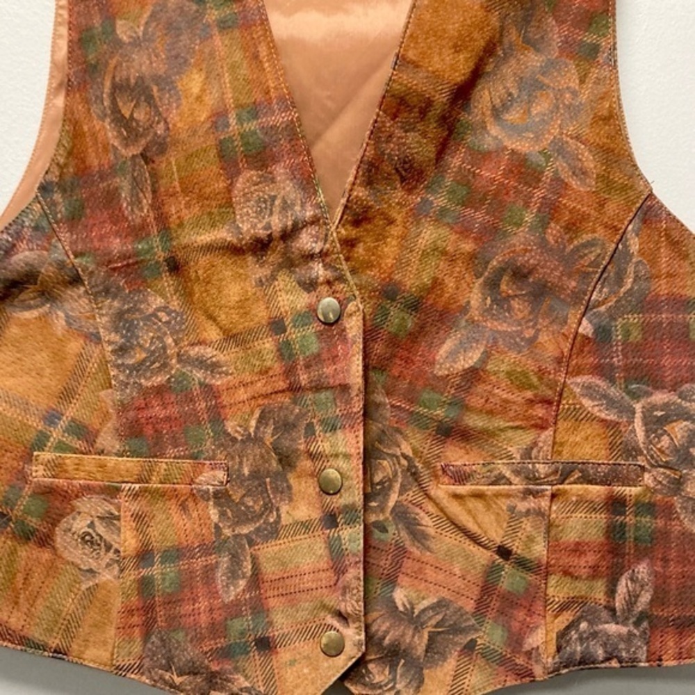 Global Identity G-III‎ Leather Vest Womens Large Plaid Rose Floral Suede Brown L - Picture 3 of 7